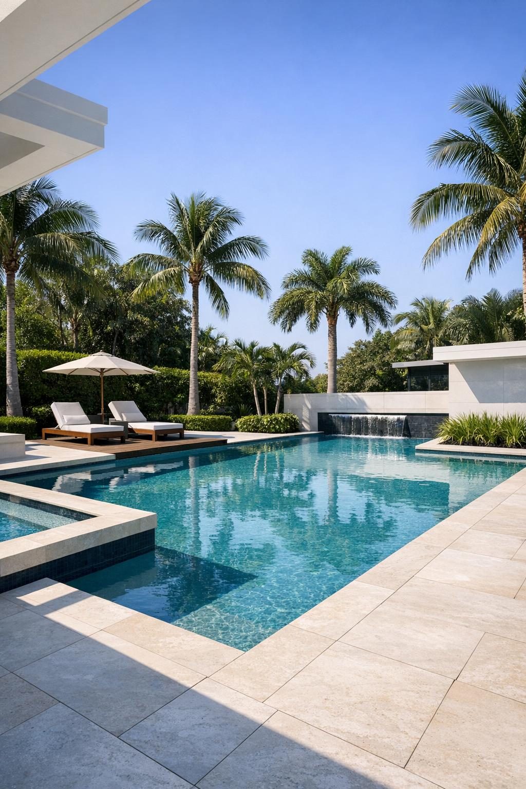 a completed pool with palm trees